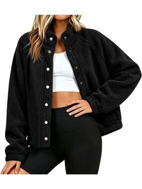 Cozy Black Medium Sherpa Fleece Jacket with Buttons and Pockets for Women